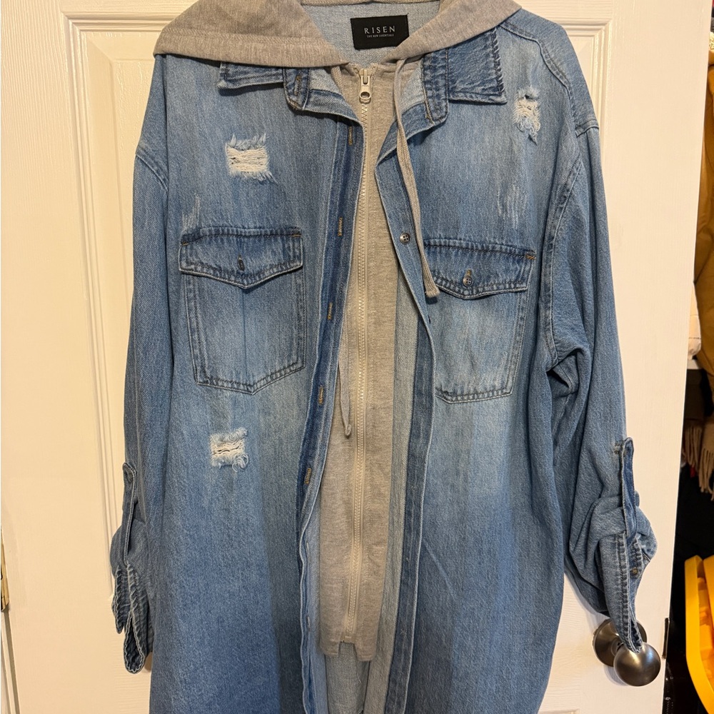 Risen Women's Distressed Blue Denim Jacket with Gray Hoodie